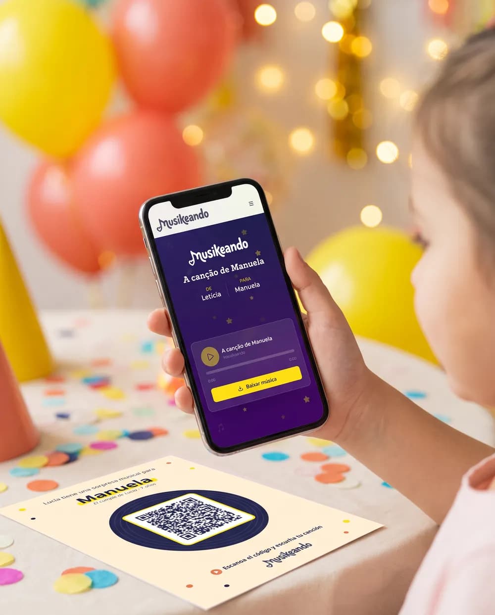 Celular com a página da música personalizada aberta depois de escanear o QR code do cartão do convidado