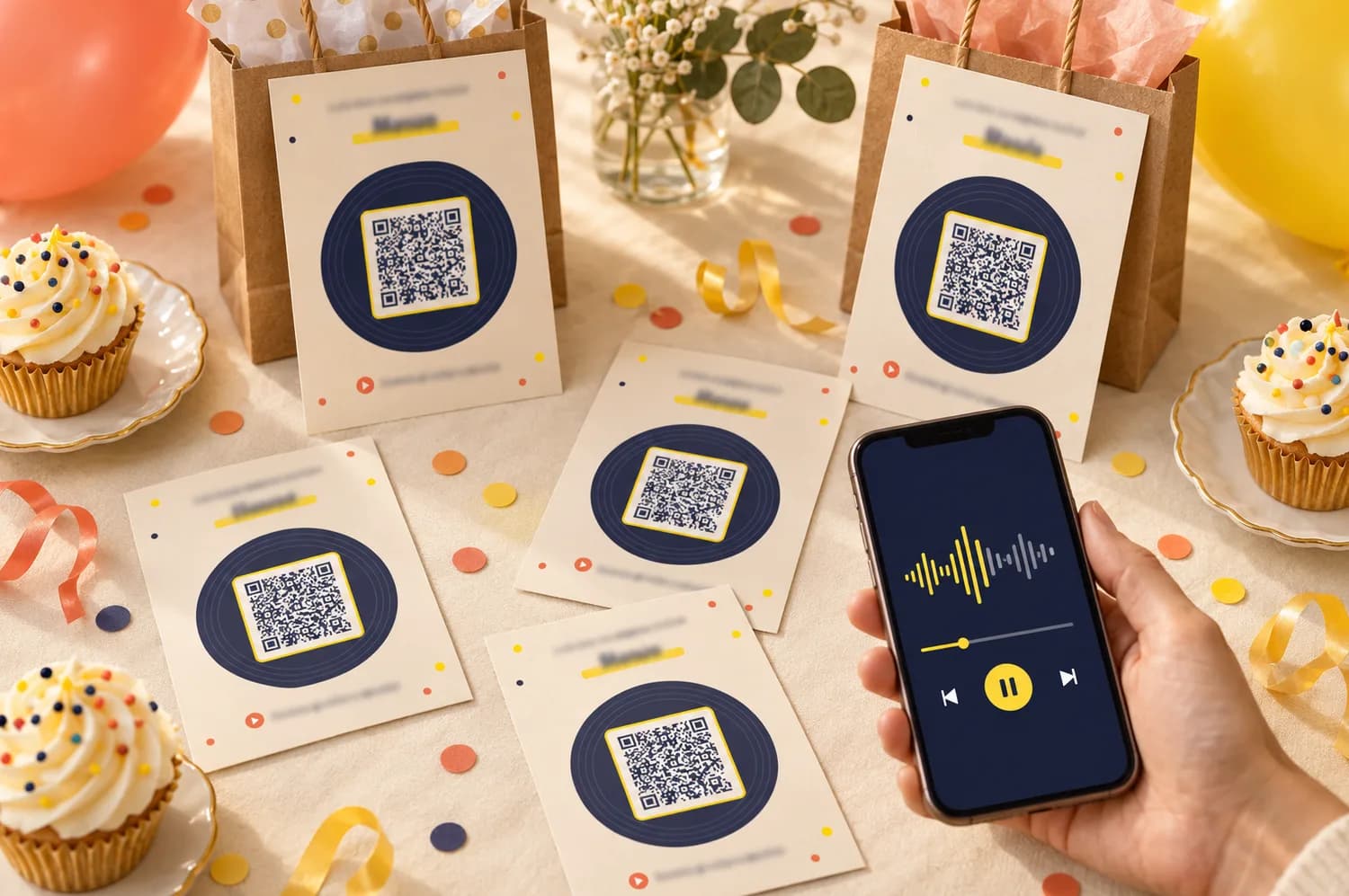 Cartões de lembrancinhas musicais com QR code numa mesa de festa, ao lado de sacolinhas e cupcakes, e um celular tocando a música
