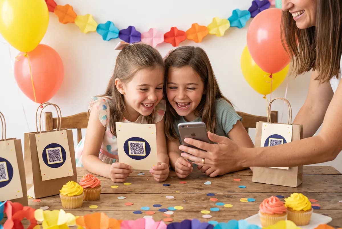 Duas meninas ouvem no celular a música personalizada delas numa festa de aniversário