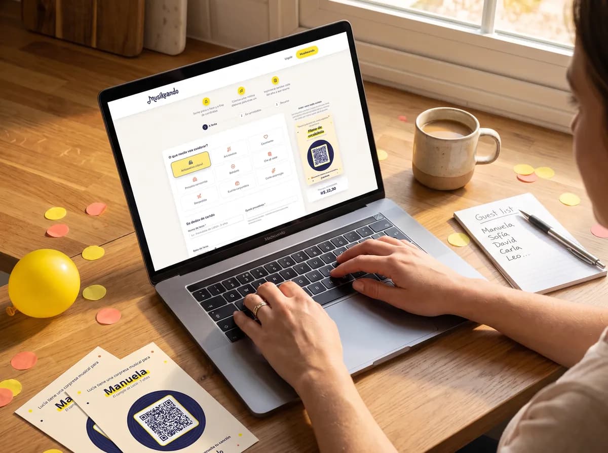 Pessoa preenchendo no notebook o formulário de lembrancinhas musicais da Musikeando